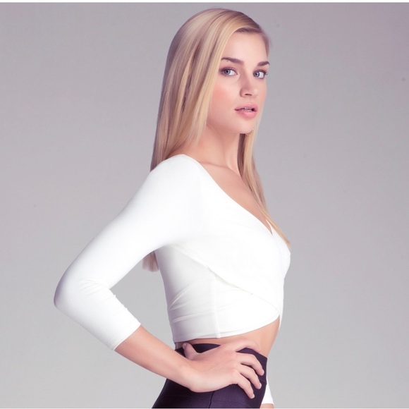 BEBE 3/4 Sleeve Wrap Crop Top - Picture 2 of 11